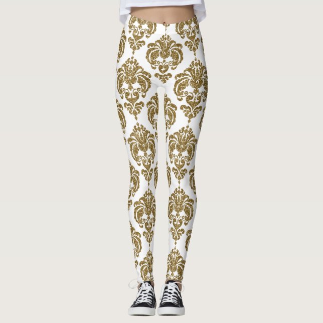 Legging Padrão Elegante Moderno e Dourado Damasco Branco (Frente)