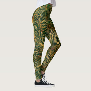 Legging Padrão Elegante Verde de Folhas Douradas