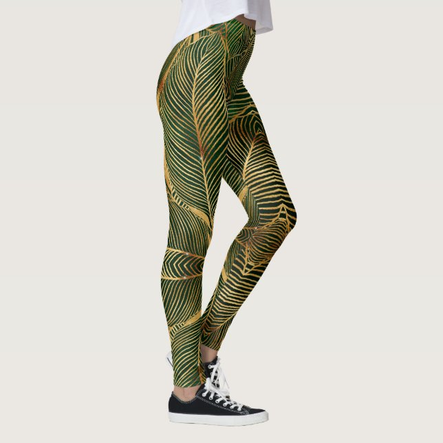 Legging Padrão Elegante Verde de Folhas Douradas (Direita)