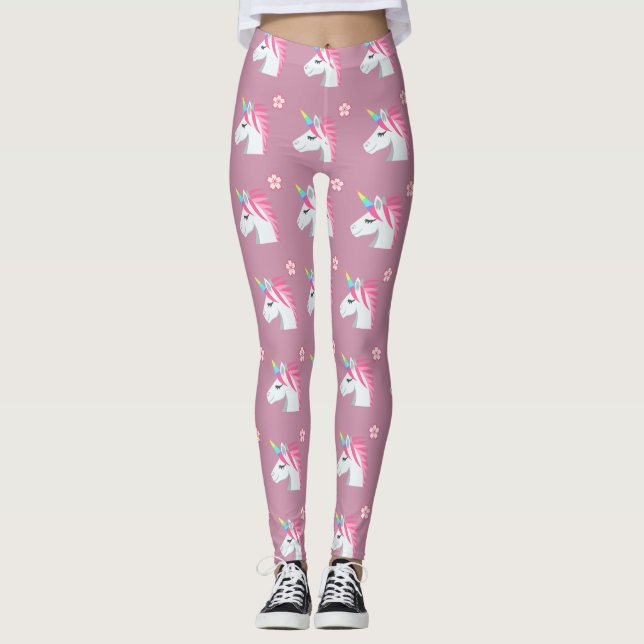 Legging Padrão Emoji De Flor Unicórida Rosa Brilhante (Frente)