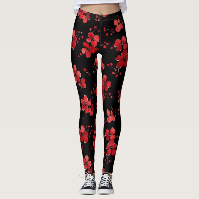 Legging Padrão Escuro da Flor Vermelha (Frente)