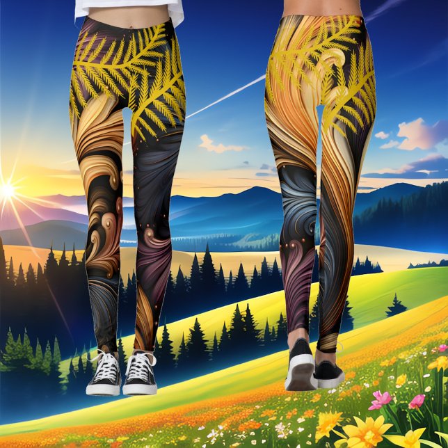 Legging Padrão Escuro Vibrante de Arte Abstrato e Penas do (Golden Feathers Abstract Art Vibrant Dark Pattern Leggings)