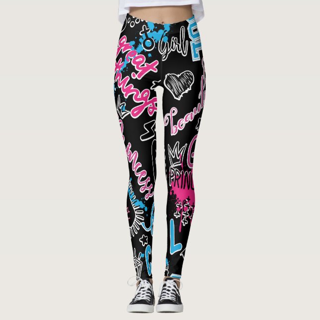 Legging Padrão feminino com slogan caligráfico, corações,  (Frente)