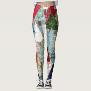 Legging Padrão Festivo de Árvore de Natal em Patchwork