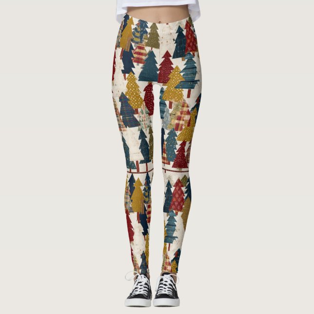 Legging Padrão Festivo de Árvore de Natal em Patchwork (2) (Frente)