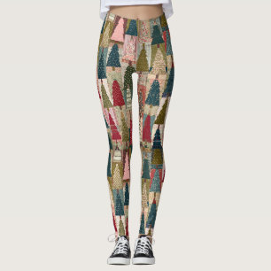Legging Padrão Festivo de Árvore de Natal em Patchwork (3)