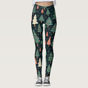 Legging Padrão Festivo de Árvore de Natal Verde e Coral