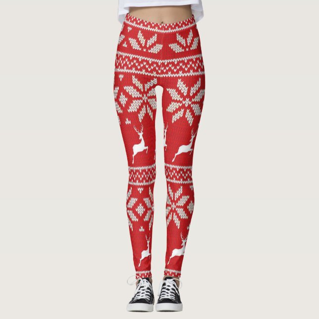 Legging Padrão Festivo do Frio Vermelho Branco Cinto (Frente)