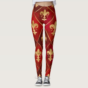 Legging Padrão Fleur-de-lis vermelho luxuoso