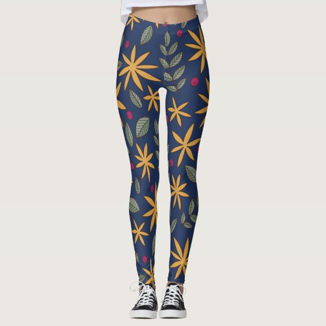 Legging Padrão Floral Amarelo Elegante em Azul (Frente)