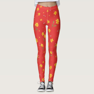 Legging Padrão Floral Amarelo em Vermelho