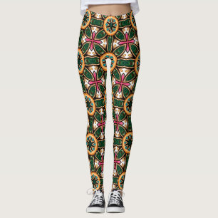 Legging Padrão Floral Art Déco Laranja Esmeralda
