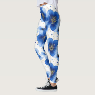 Legging Padrão Floral Azul com Acentos Dourados