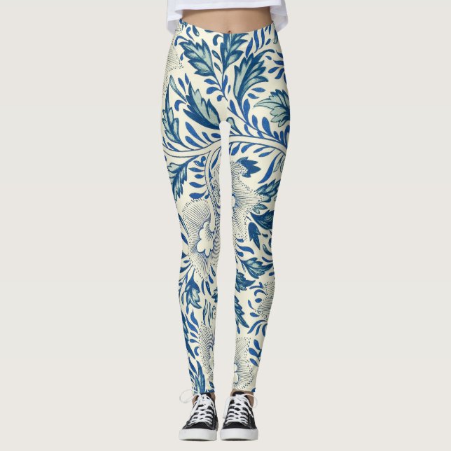 Legging Padrão Floral Azul Design Asiático Antiquado (Frente)