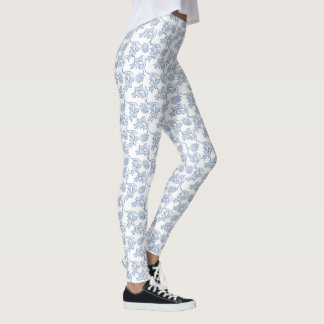 Legging Padrão Floral Azul Indigo em Branco para Personali