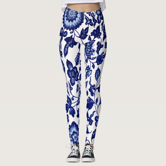 Legging Padrão floral azul-marinho chinês em branco (Frente)