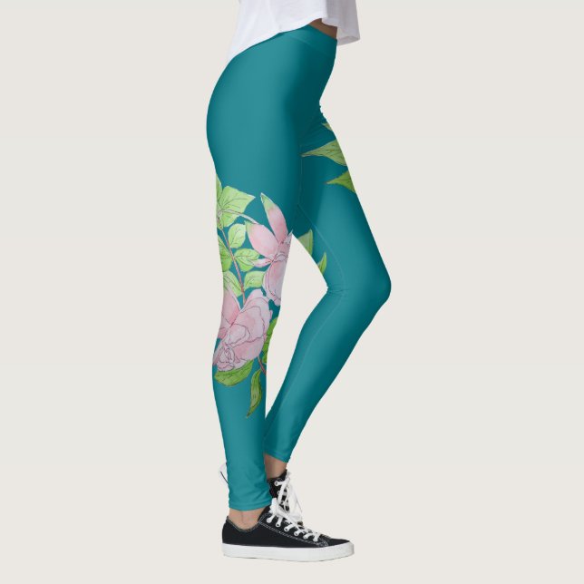 Legging padrão floral azul-turquesa e cor-de-rosa-negrito (Direita)