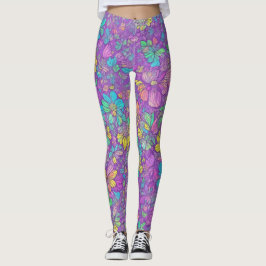 Legging Padrão Floral Boho Hippie Cor Roxa Bonito Divertid