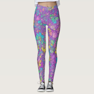 Legging Padrão Floral Boho Hippie Cor Roxa Bonito Divertid