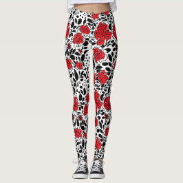 Legging Padrão Floral bonito em Vermelho, Preto e Branco