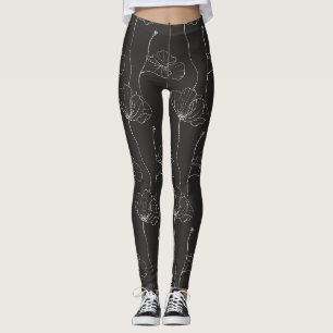 Legging Padrão Floral Branco e Preto de Linha Minimalista