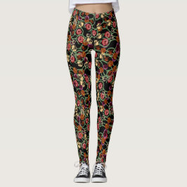 Legging Padrão Floral Brilhante com Folhagem Verde