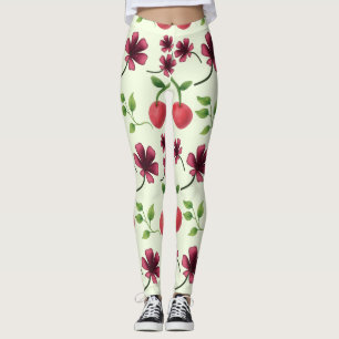Legging Padrão Floral Cereja Vermelha