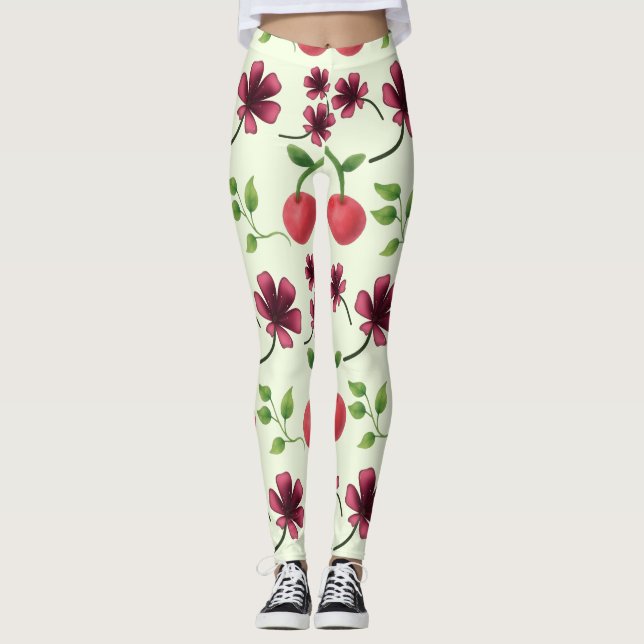 Legging Padrão Floral Cereja Vermelha (Frente)