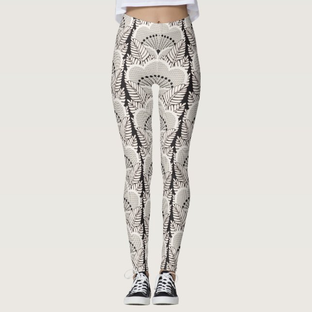 Legging Padrão Floral Chinês Preto E Branco Japonês (Frente)