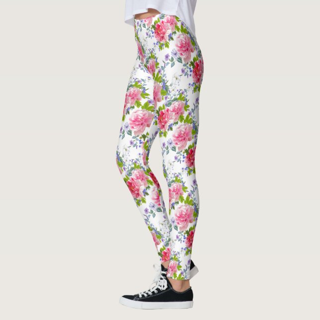 Legging Padrão Floral Cinza Rosa Rosa Rosa Elegante (Esquerda)