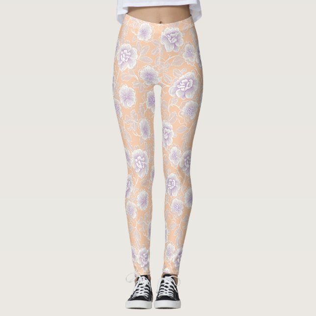 Legging Padrão Floral com Cores de Pêssego e Lavanda (Frente)