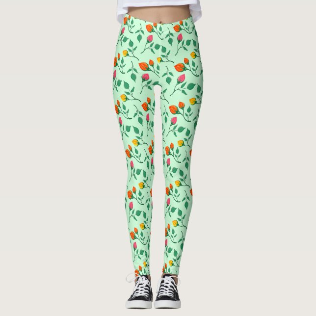 Legging Padrão floral com flores rosa coloridas (Frente)