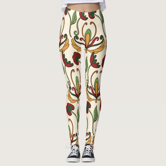 Legging Padrão floral contínuo com flores vermelhas e amar (Frente)