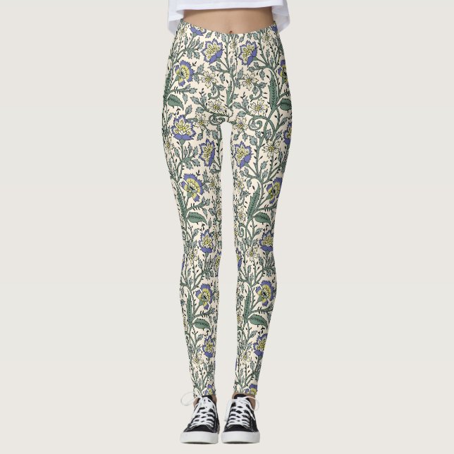 Legging Padrão floral contínuo em azul, amarelo e branco (Frente)