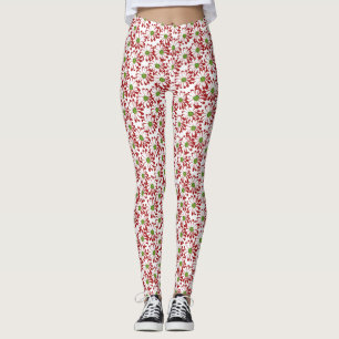 Legging Padrão Floral da Margarida Vermelha e Verde Natal