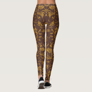 Legging Padrão Floral Damasco Moderno Dourado Marrom Vinta