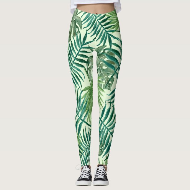 Legging Padrão floral de aquarela de folha de palma (Frente)