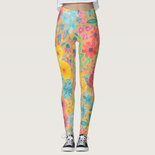Legging Padrão floral de aquarelas em amarelo