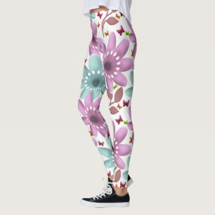 Legging Padrão Floral de Borboleta Sem Costura   Rosa e Ve