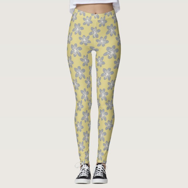 Legging Padrão floral de cinzas amarela e ultra-fina (Frente)