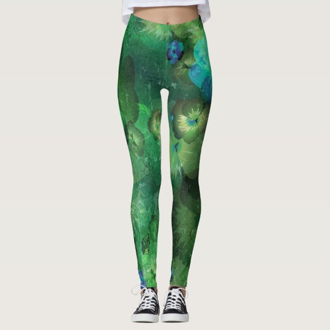 Legging Padrão Floral de Cor de Água da Mint (Frente)