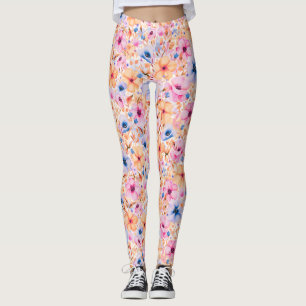 Legging Padrão Floral de Flores Silvestres Coloridas em Aq