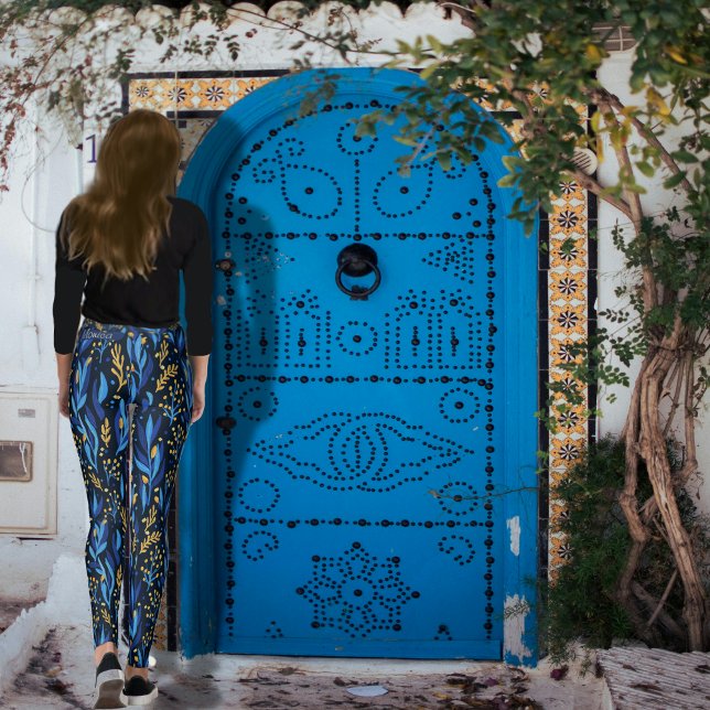 Legging Padrão Floral de Hanukkah Azul (Blue Floral Hanukkah Pattern Leggings)