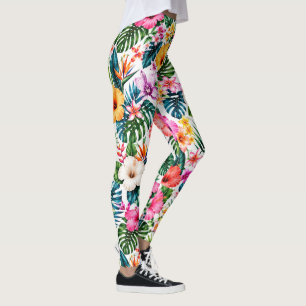 Legging Padrão Floral de Hibisco Tropical e Monstera