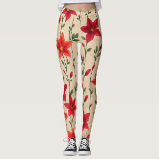 Legging Padrão Floral de Lily Vermelha e Laranja