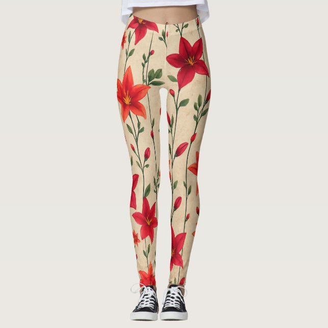 Legging Padrão Floral de Lily Vermelha e Laranja (Frente)