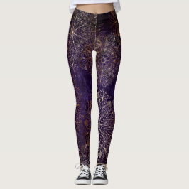 Legging Padrão Floral de Mandala Elegante Dourado e Roxo