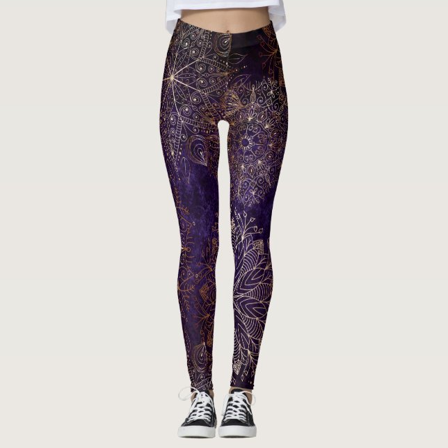 Legging Padrão Floral de Mandala Elegante Dourado e Roxo (Frente)