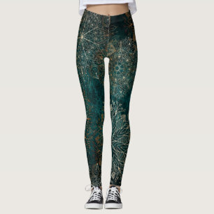 Legging Padrão Floral de Mandala Verde Elegante Dourado e