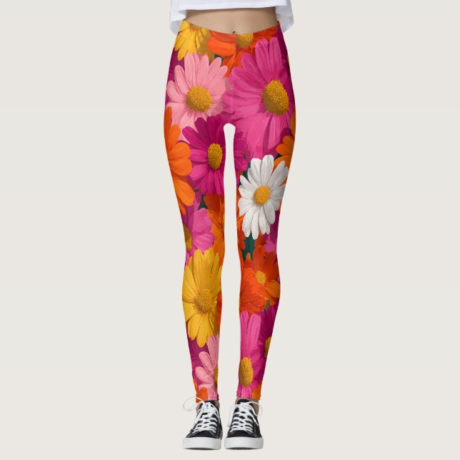 Legging Padrão Floral de Margarida Sem Costura Vibrante (Frente)